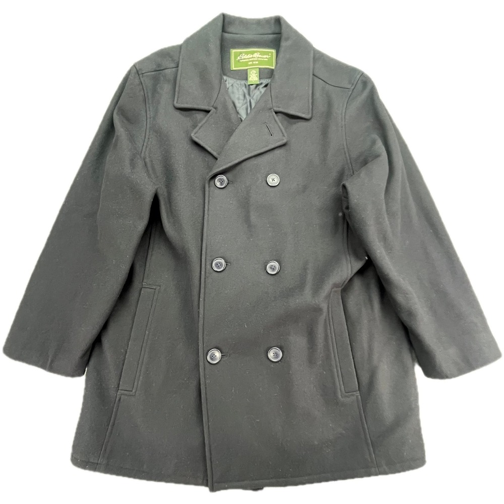 Eddie Bauer Mens Double Breasted Wool Blend Peacoat‎ Black Size Large